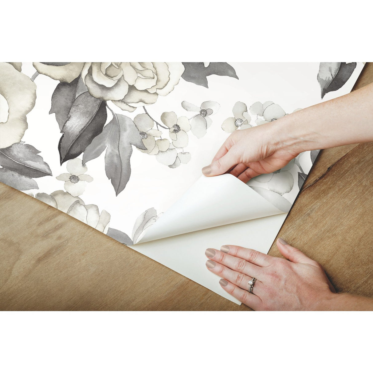 Watercolor Floral Bouquet Grey Peel & Stick Wallpaper with Botanical Flowers, Transitional Style - York RMK12030WP