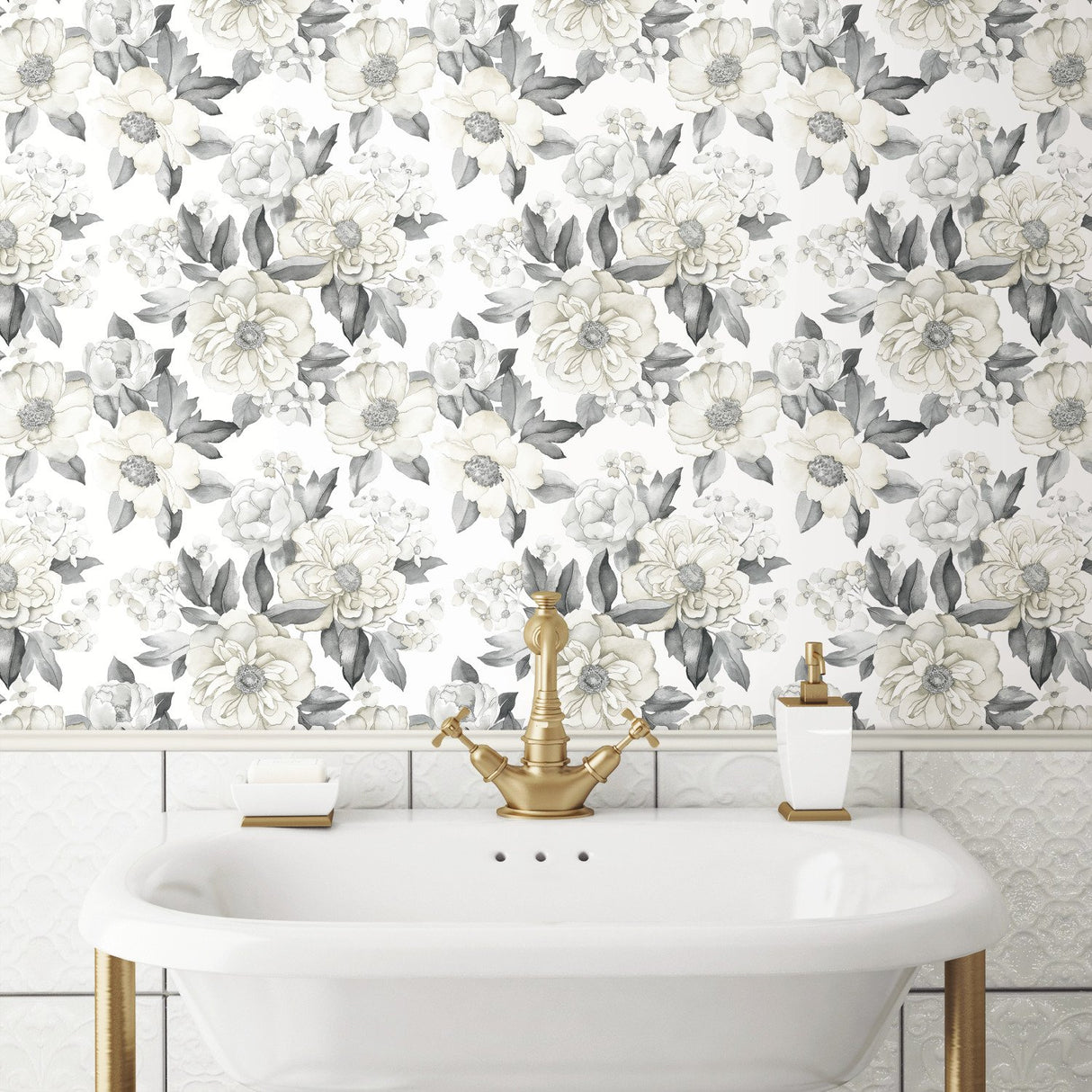 Watercolor Floral Bouquet Grey Peel & Stick Wallpaper with Botanical Flowers, Transitional Style - York RMK12030WP