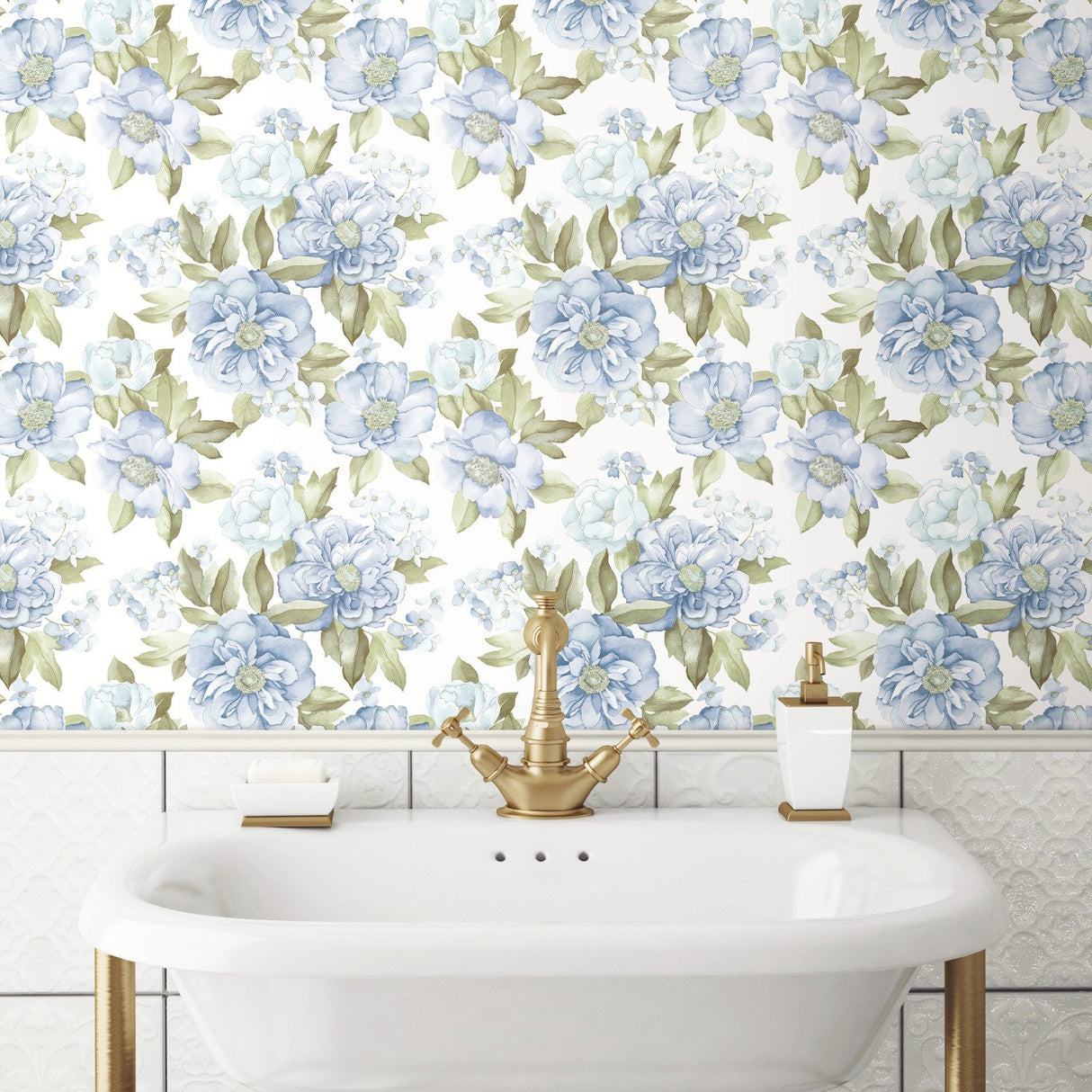 Watercolor Floral Bouquet Indigo Peel & Stick Wallpaper with Botanical Flowers - York RMK12031WP