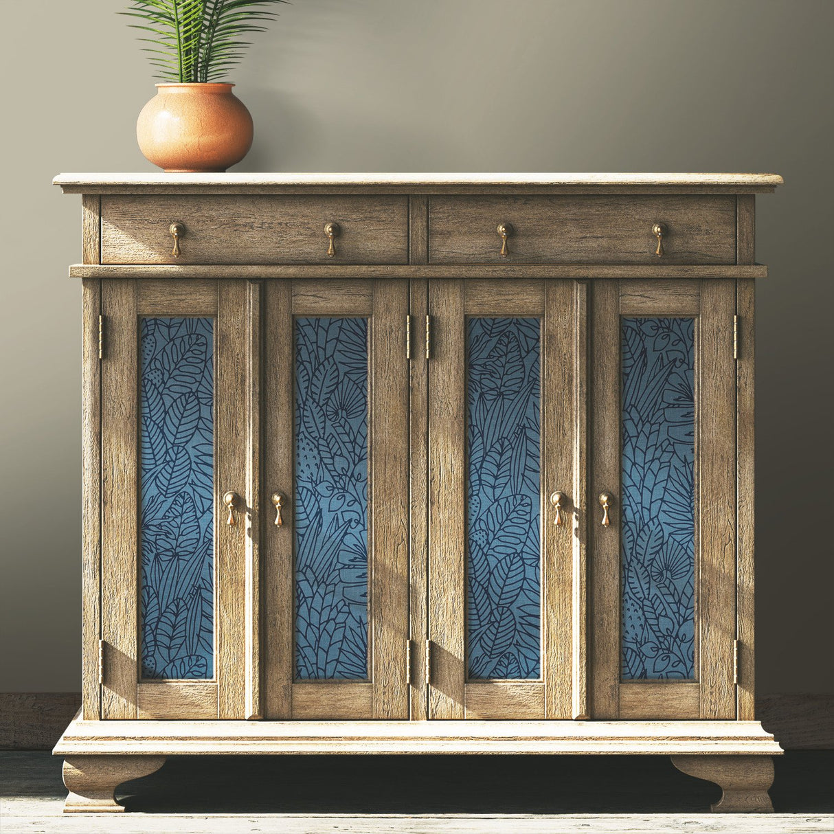 Tropical Leaves Sketch Navy Peel & Stick Wallpaper with Tropical Botanical Leaf Pattern - York RMK12046WP