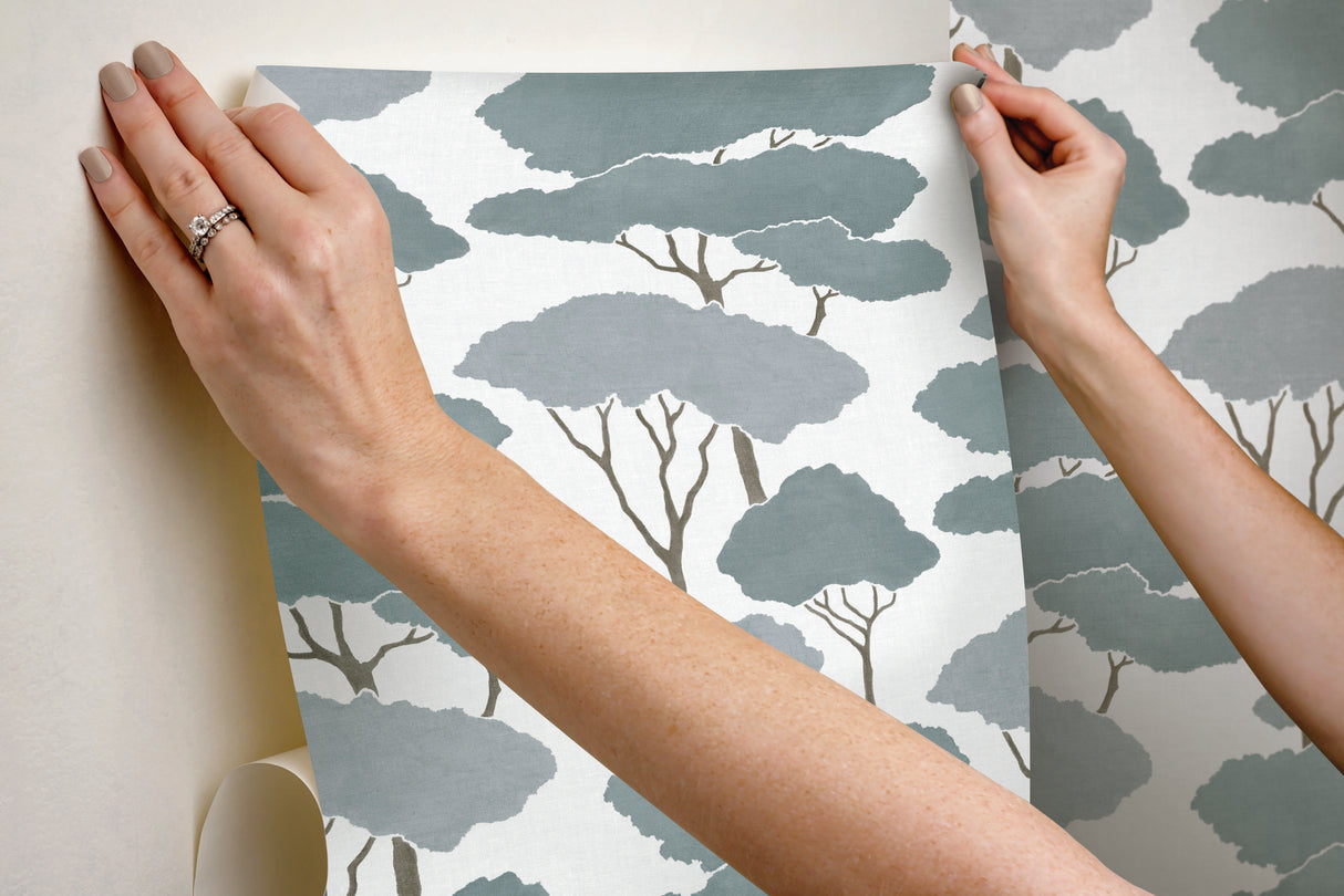 Umbrella Pines Blue Peel & Stick Wallpaper with Whimsical Botanical Trees Pattern - York RMK12063WP