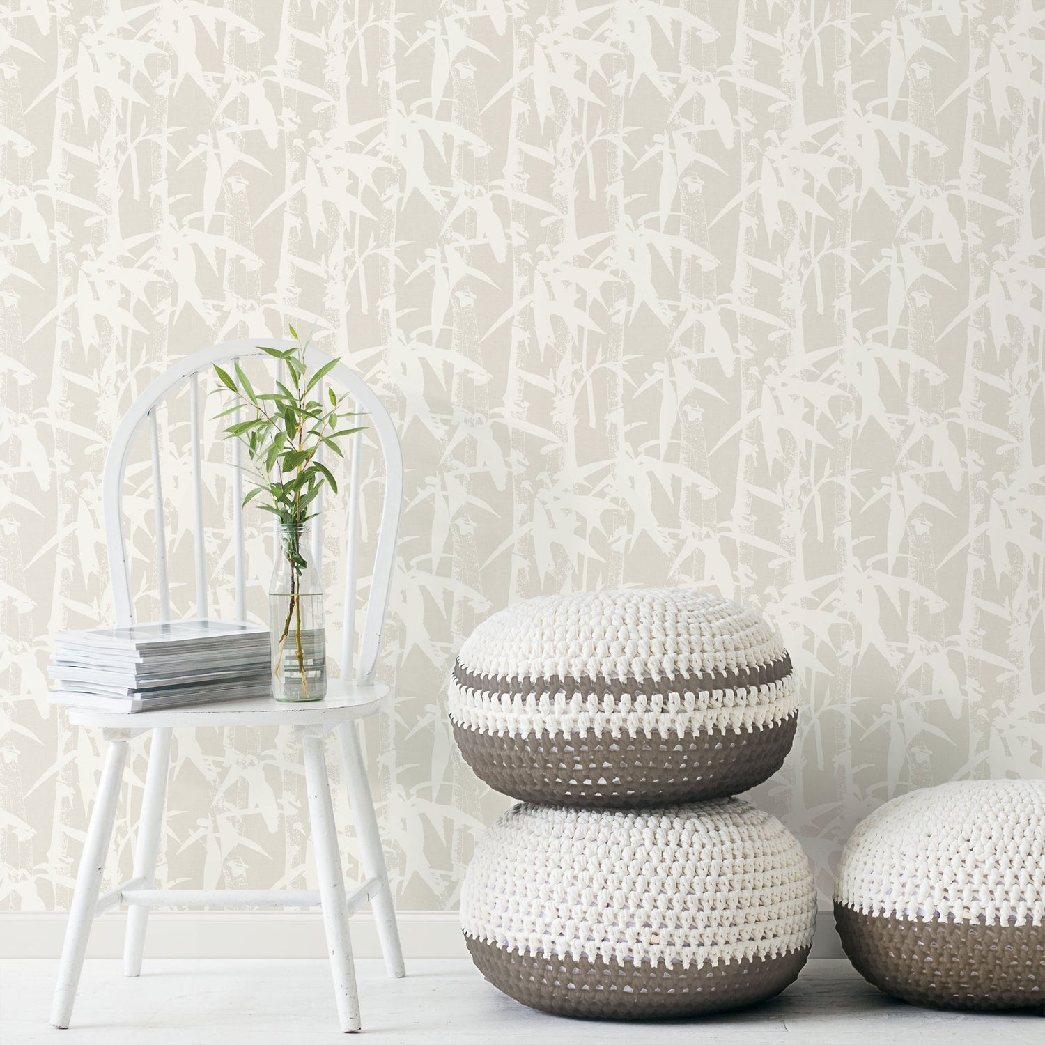 Modern Bamboo White Peel & Stick Wallpaper in Bamboo Nature Pattern, Transitional Style - York RMK12078WP