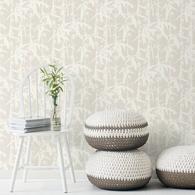 Modern Bamboo White Peel & Stick Wallpaper in Bamboo Nature Pattern, Transitional Style - York RMK12078WP