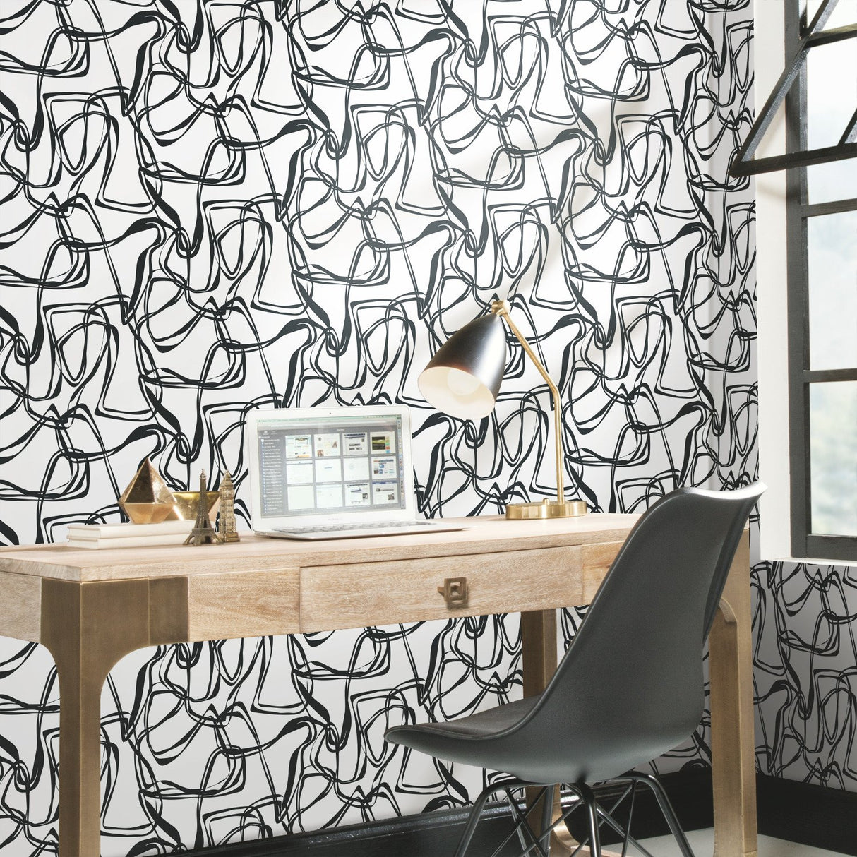 Ribbon Trail Black Peel & Stick Wallpaper with Modern Geometric Linework - York RMK12097RL