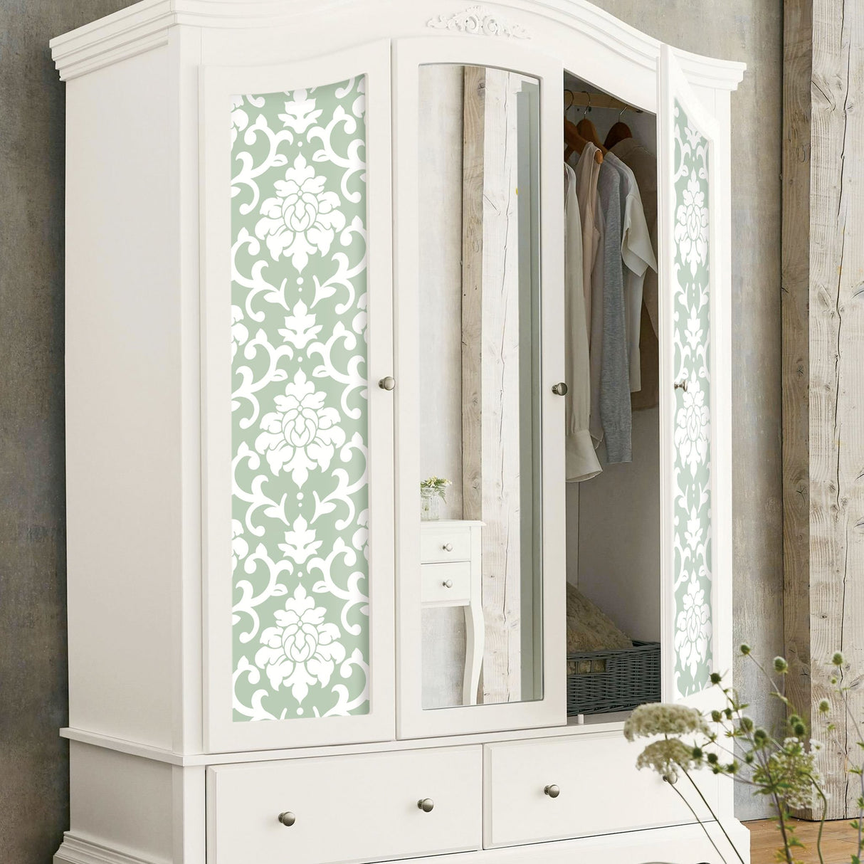 Damask Green Peel & Stick Wallpaper with Traditional Damask Pattern - York RMK12116WP