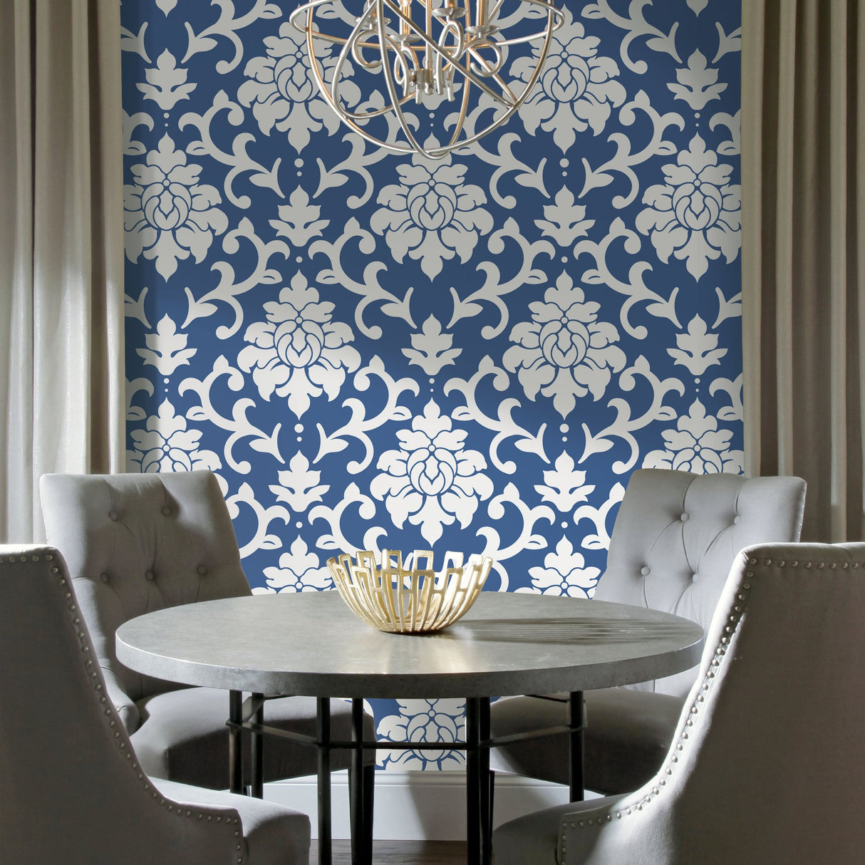Damask Blue Peel & Stick Wallpaper with Traditional Damask Pattern - York RMK12119WP