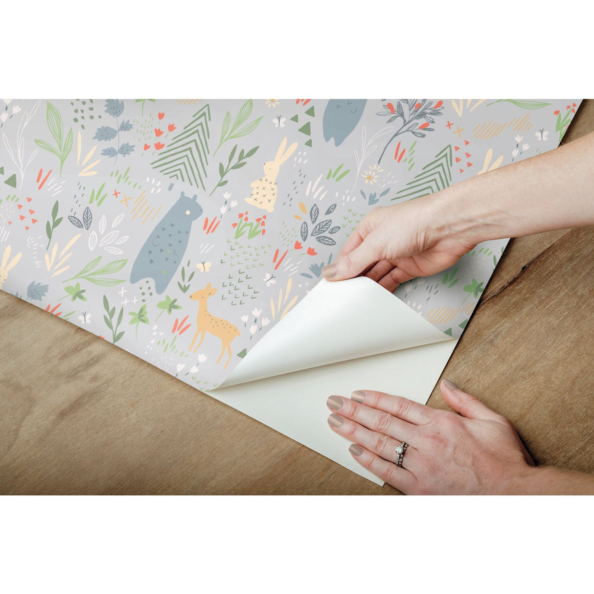 Spring Forest Pals Grey Peel & Stick Wallpaper with Woodland Animals Pattern - York RMK12120RL