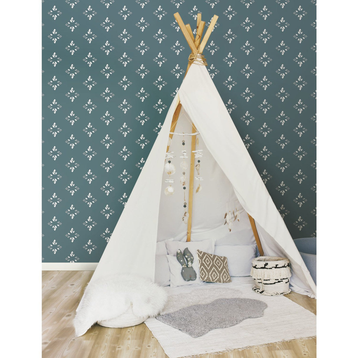 Pressed Petals Denim Peel & Stick Wallpaper with Floral Diamond Motif - York RMK12146WP