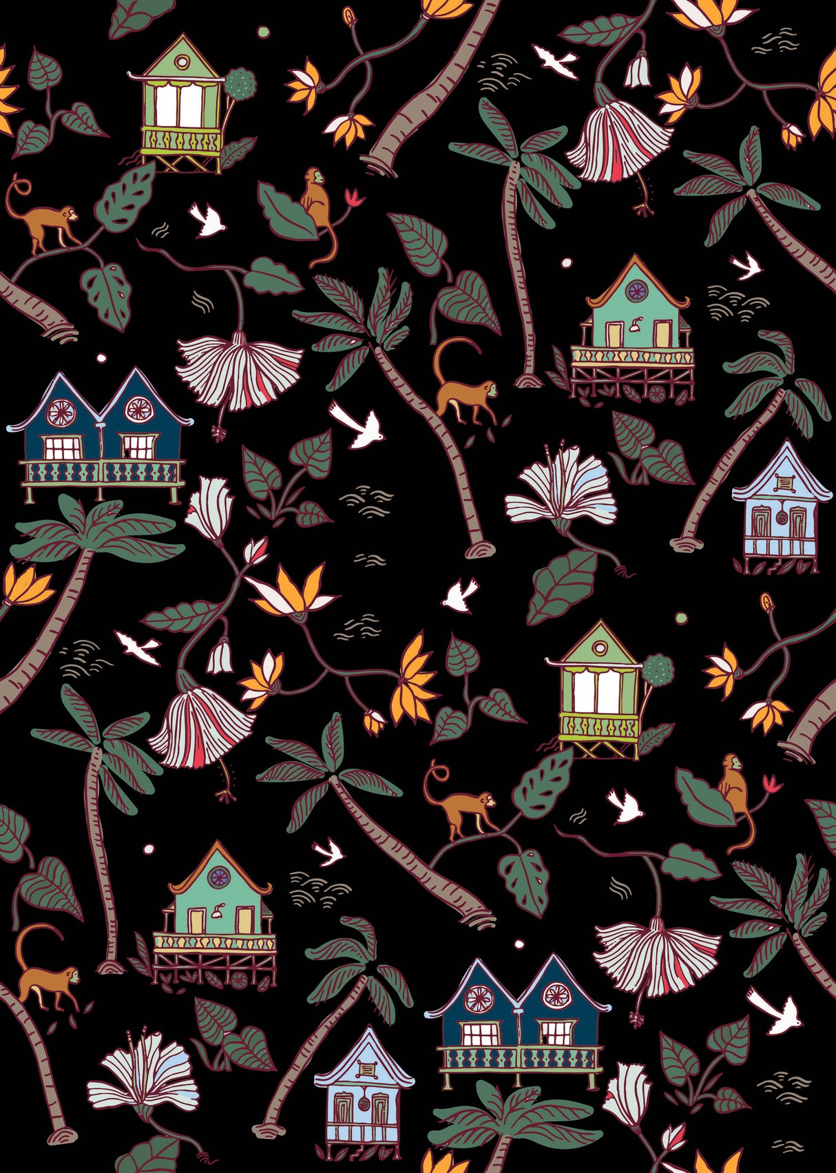 Calypso Jungle Black Peel & Stick Wallpaper with Whimsical Botanical Flowers Pattern - York RMK12156RL