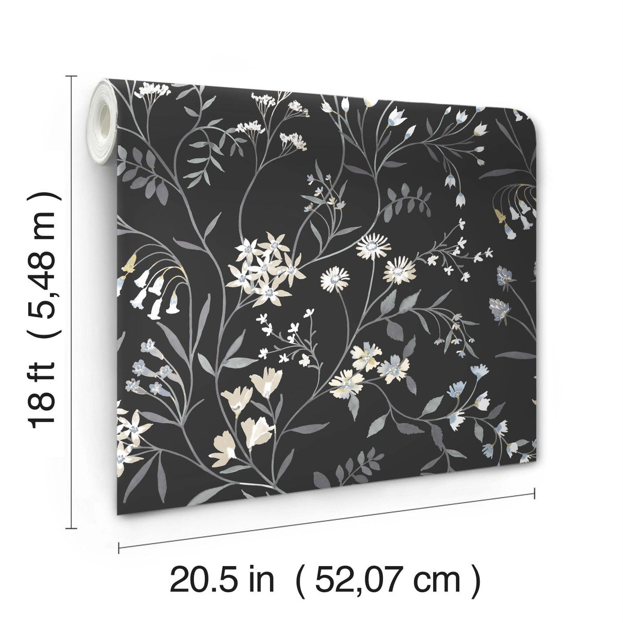 Meadow Mix Black Peel & Stick Wallpaper with Whimsical Botanical Flowers Pattern - York RMK12179PLW