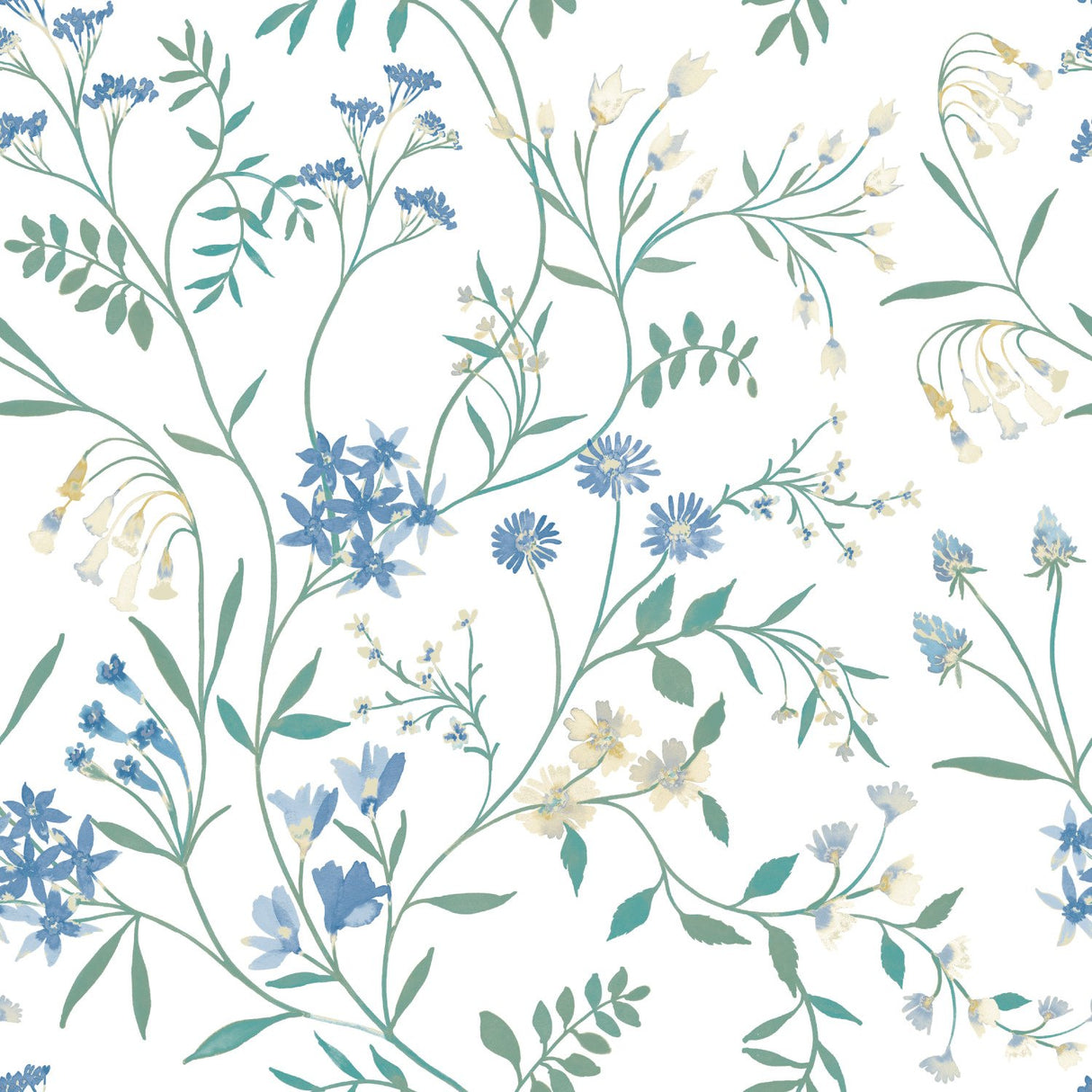 Meadow Mix Blue Peel & Stick Wallpaper with Botanical Floral Pattern, Whimsical Style - York RMK12182PLW