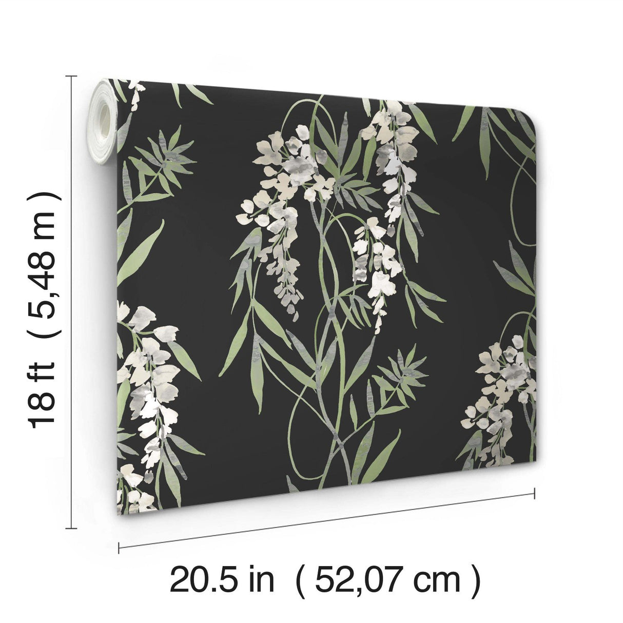 Nouveaux Wisteria Green Peel & Stick Wallpaper with Botanical Floral Pattern, Whimsical Style - York RMK12184PLW