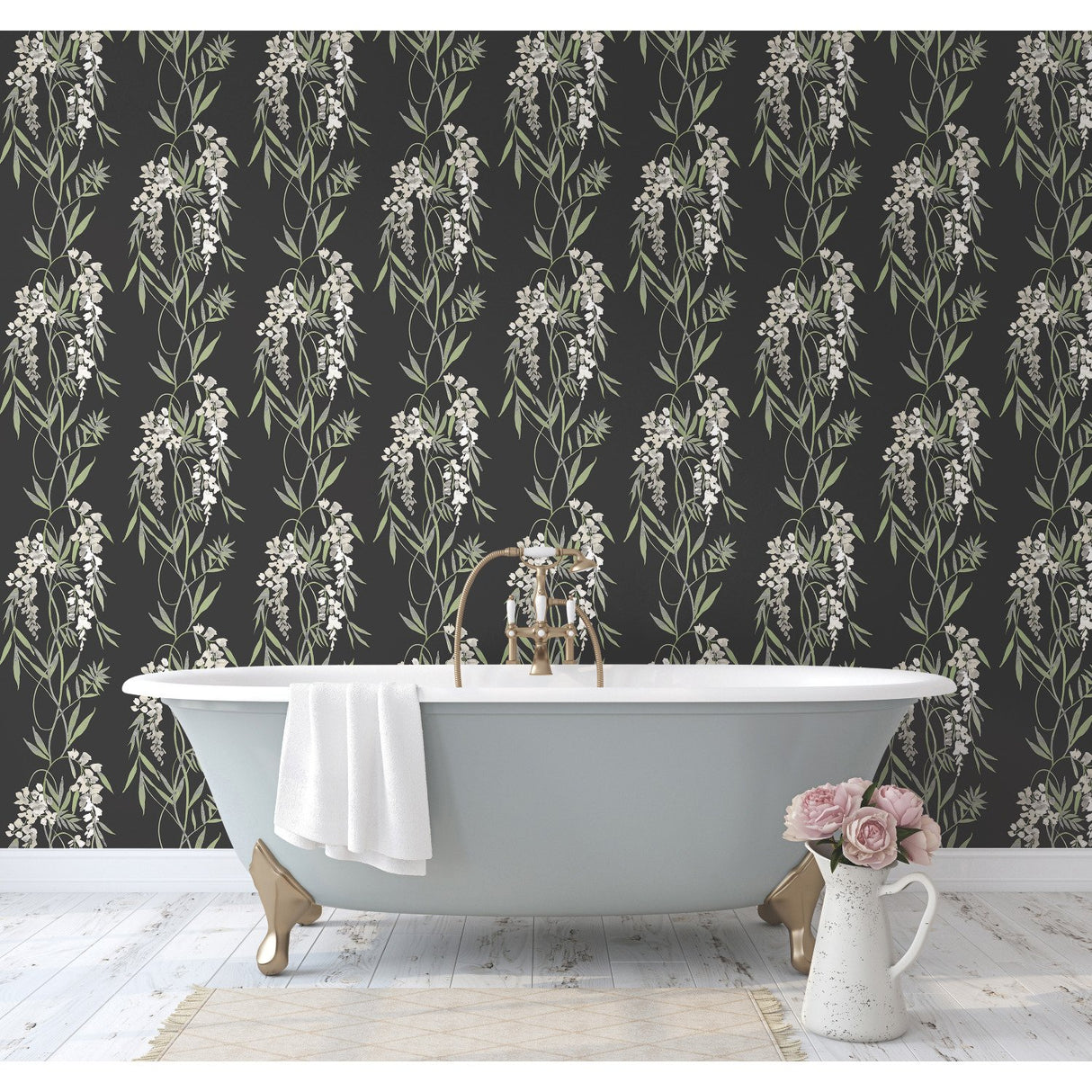 Nouveaux Wisteria Green Peel & Stick Wallpaper with Botanical Floral Pattern, Whimsical Style - York RMK12184PLW