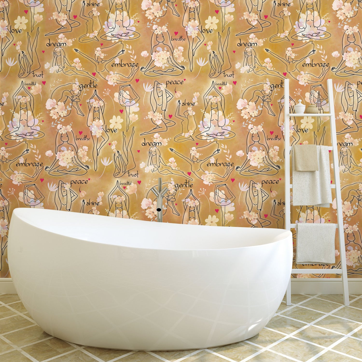 Yoga Goddesses Brown Peel & Stick Wallpaper