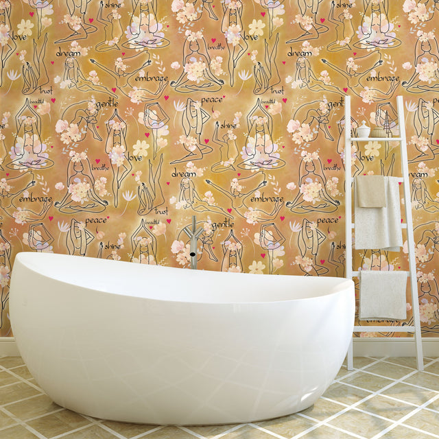 Yoga Goddesses Brown Peel & Stick Wallpaper