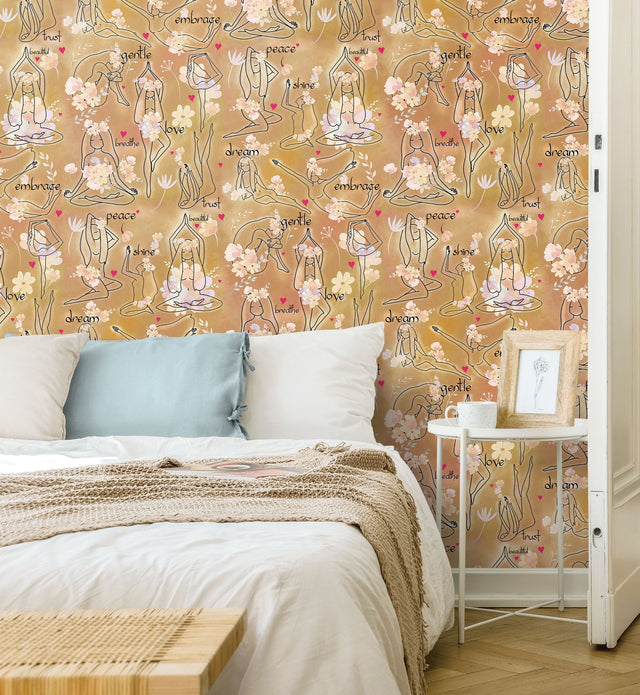 Yoga Goddesses Brown Peel & Stick Wallpaper