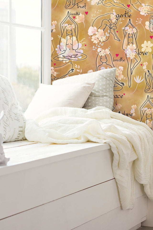 Yoga Goddesses Brown Peel & Stick Wallpaper