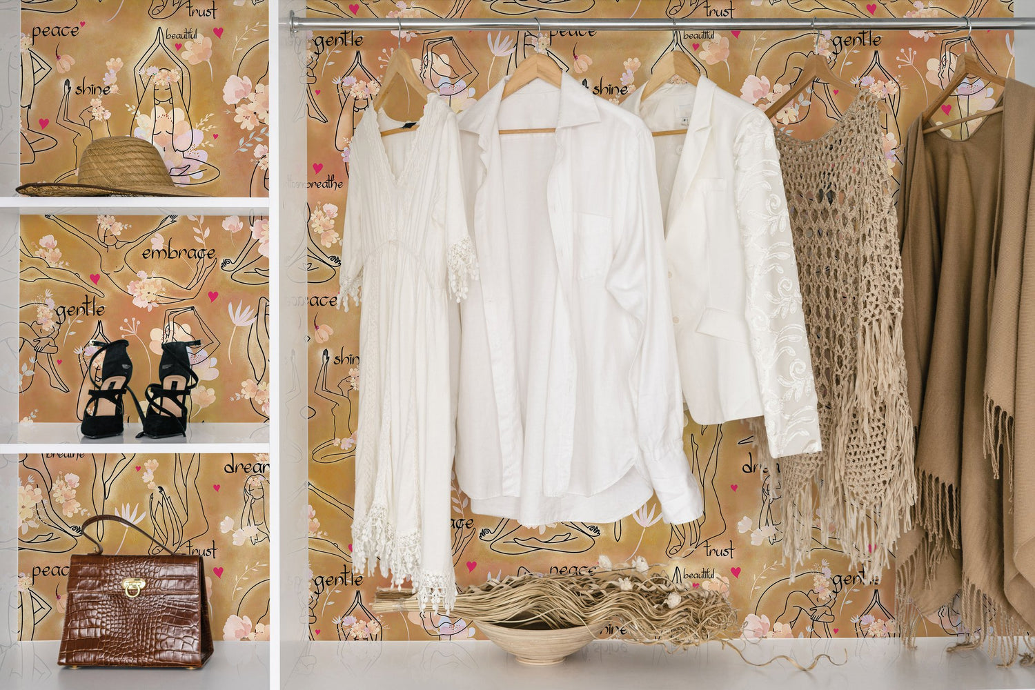 Yoga Goddesses Brown Peel & Stick Wallpaper