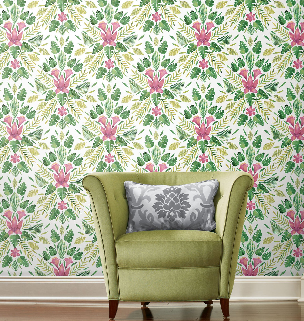 Cat Coquillette Tropical Green Peel & Stick Wallpaper with Botanical Flowers Motif, Whimsical Style - York RMK12204WP