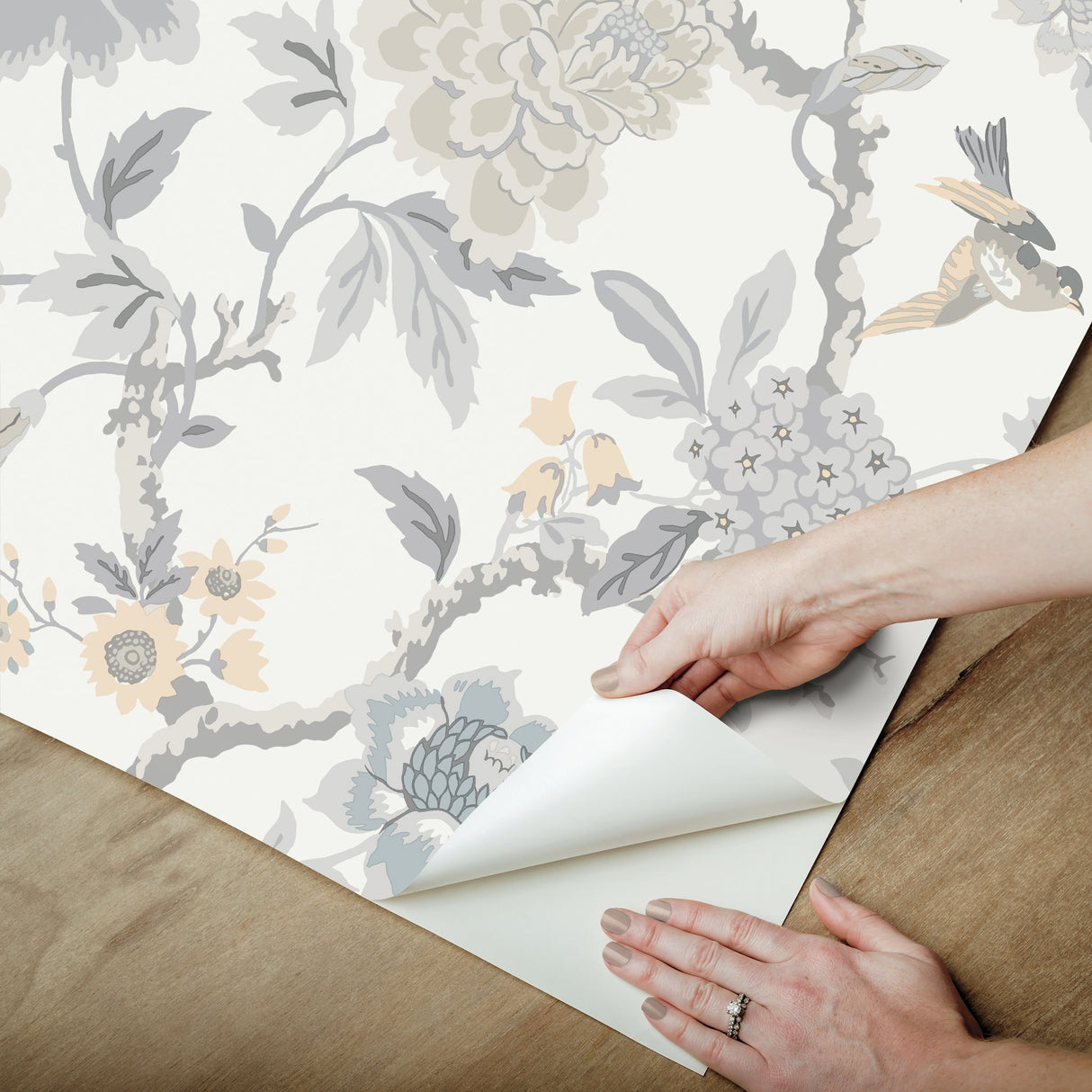 Candid Moments Grey Peel & Stick Wallpaper with Botanical Floral Chinoiserie Pattern - York RMK12206WP