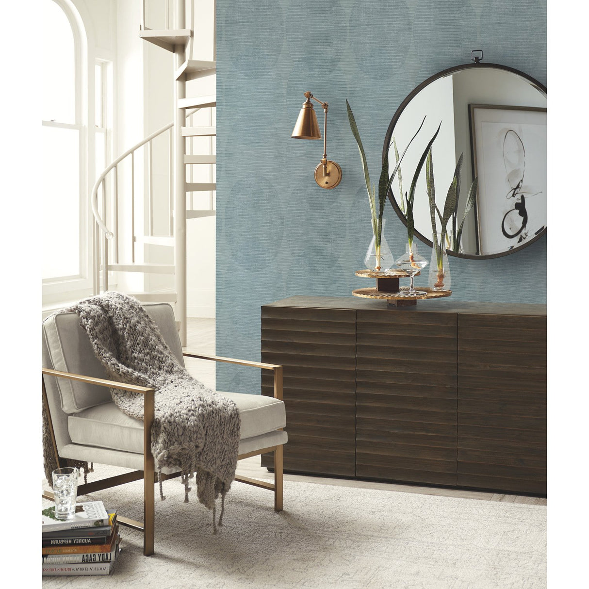 Sahara Blue Peel & Stick Wallpaper with Geometric Elliptical Pattern, Modern Style - York RMK12225PLW