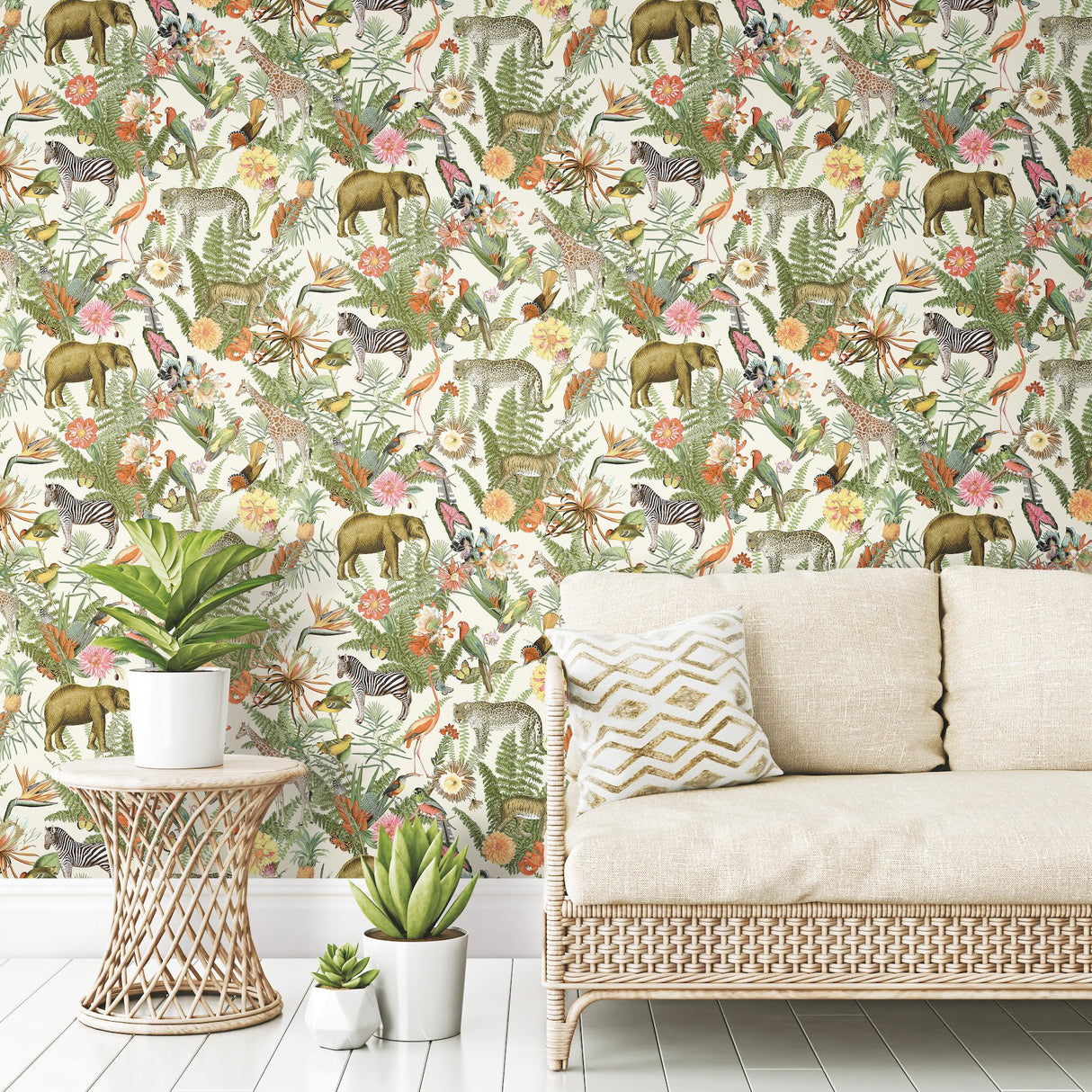 Tropical Zoo Green Peel & Stick Wallpaper with Tropical Botanical Animal Motif - York RMK12239WP