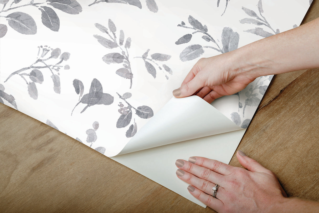 Dancing Leaves Grey Peel & Stick Wallpaper with Whimsical Botanical Flowers Pattern - York RMK12272PL