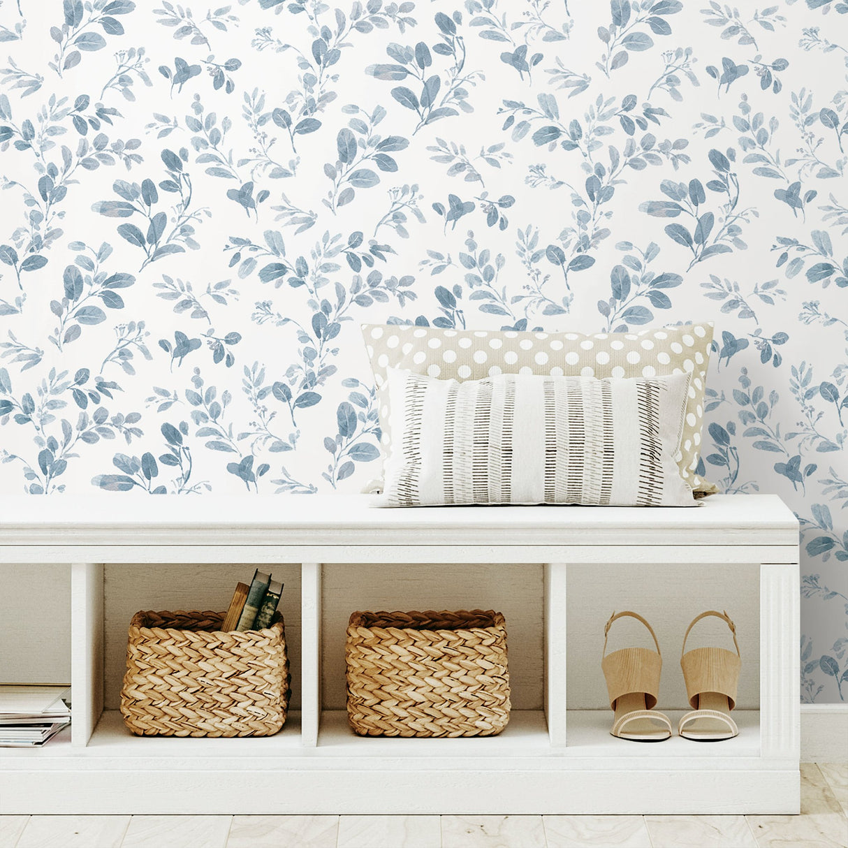 Dancing Leaves Blue Peel & Stick Wallpaper with Whimsical Botanical Flowers Pattern - York RMK12273PL