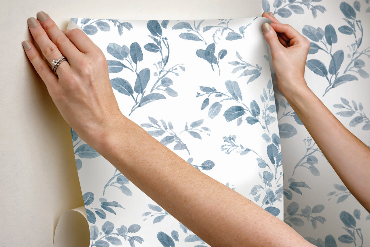 Dancing Leaves Blue Peel & Stick Wallpaper with Whimsical Botanical Flowers Pattern - York RMK12273PL