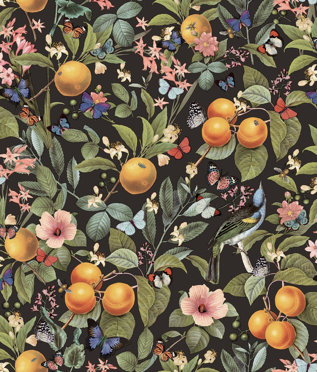 Citrus Green Peel & Stick Wallpaper with Fruit Floral and Butterflies Pattern, Farmhouse Style - York RMK12278PL