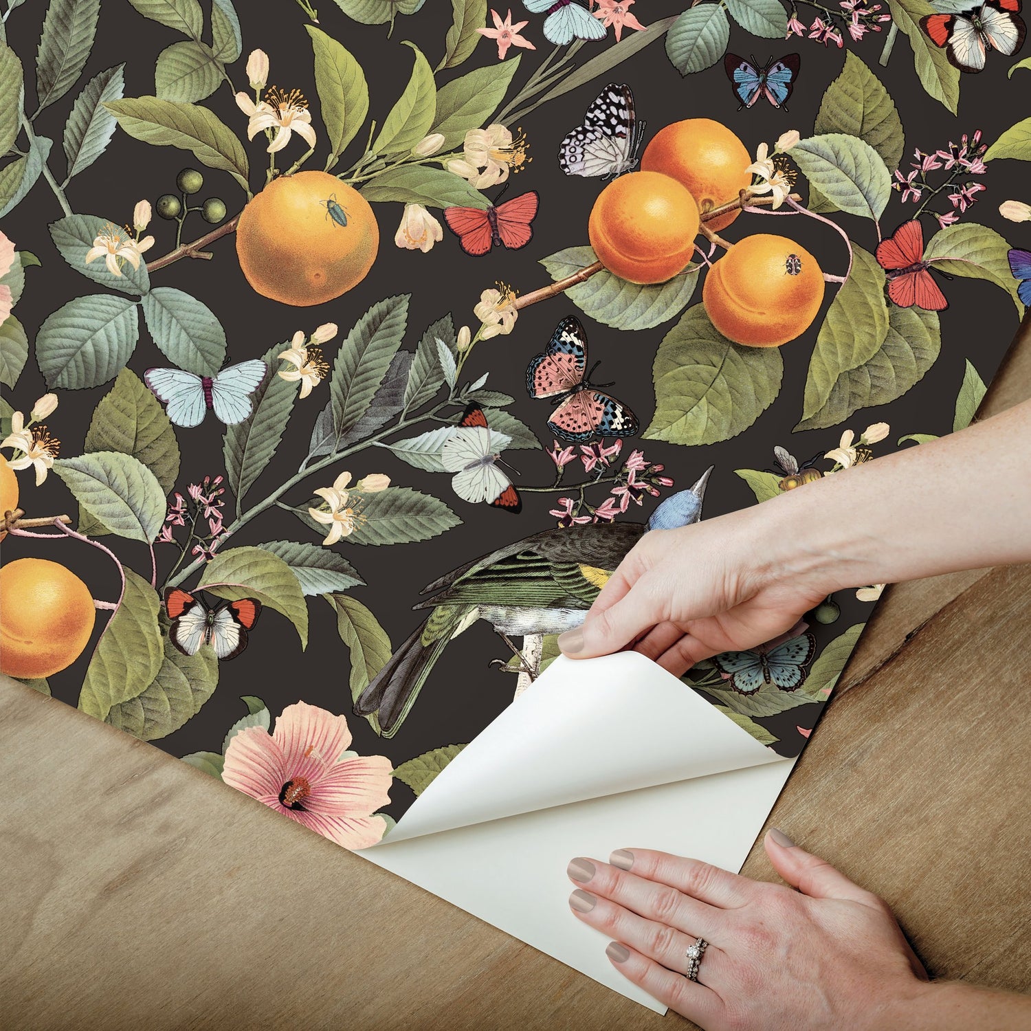 Citrus Green Peel & Stick Wallpaper with Fruit Floral and Butterflies Pattern, Farmhouse Style - York RMK12278PL