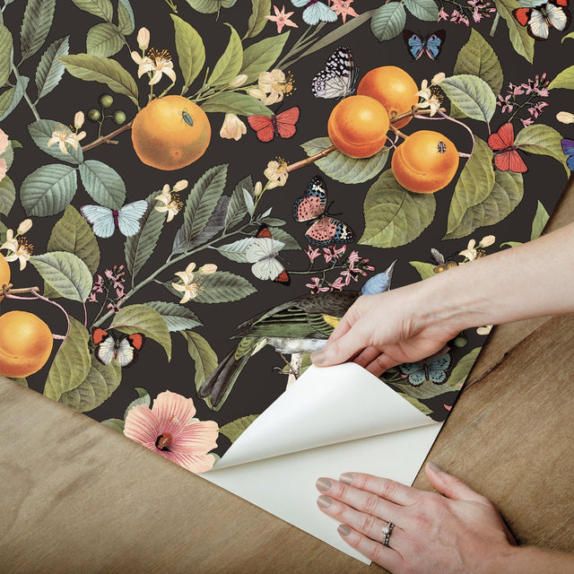 Citrus Green Peel & Stick Wallpaper with Fruit Floral and Butterflies Pattern, Farmhouse Style - York RMK12278PL
