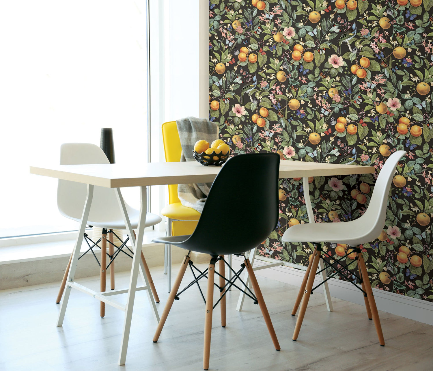 Citrus Green Peel & Stick Wallpaper with Fruit Floral and Butterflies Pattern, Farmhouse Style - York RMK12278PL