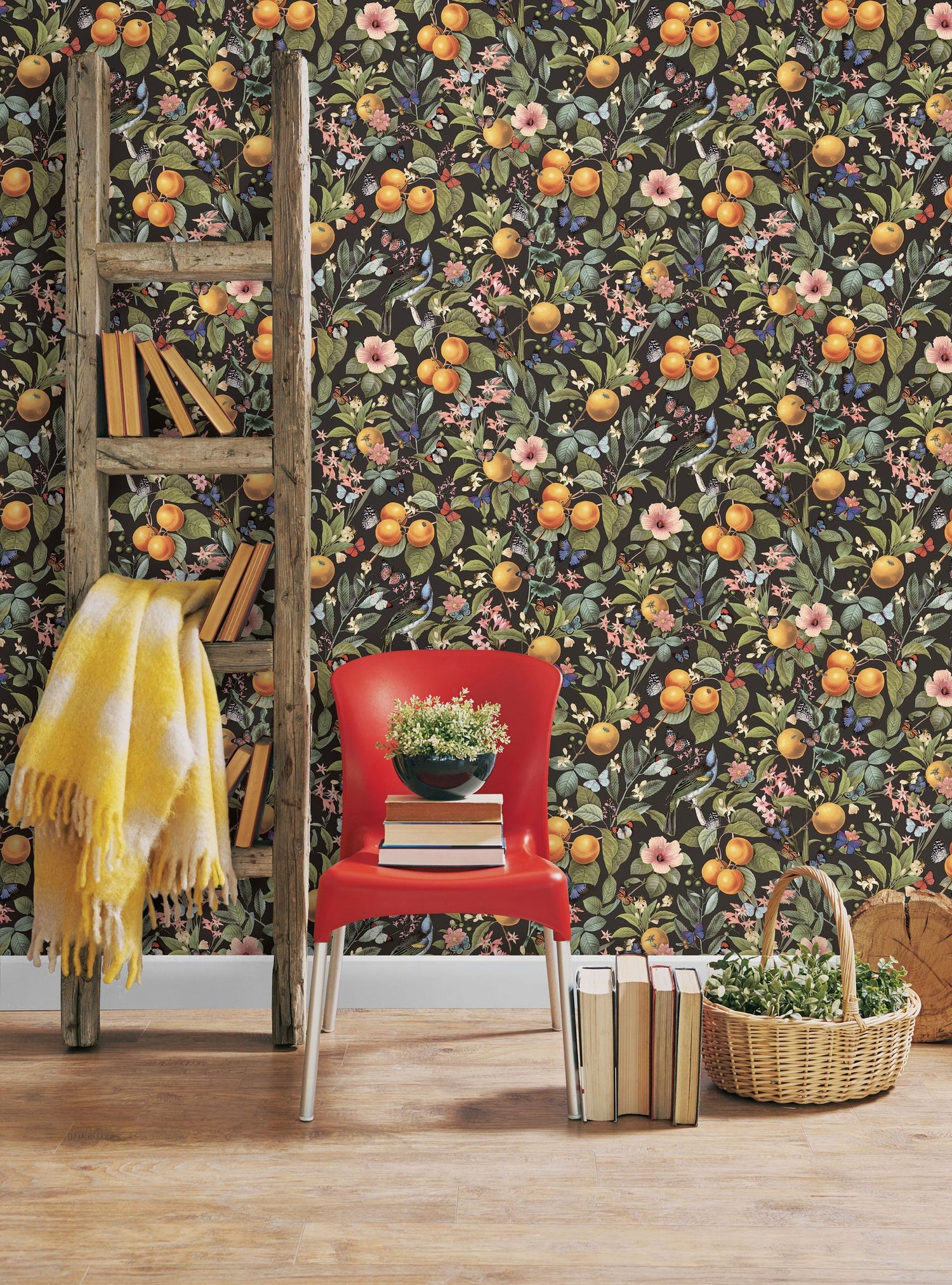 Citrus Green Peel & Stick Wallpaper with Fruit Floral and Butterflies Pattern, Farmhouse Style - York RMK12278PL