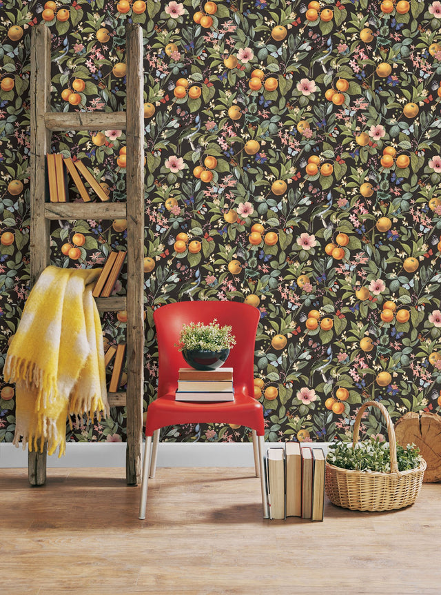 Citrus Green Peel & Stick Wallpaper with Fruit Floral and Butterflies Pattern, Farmhouse Style - York RMK12278PL