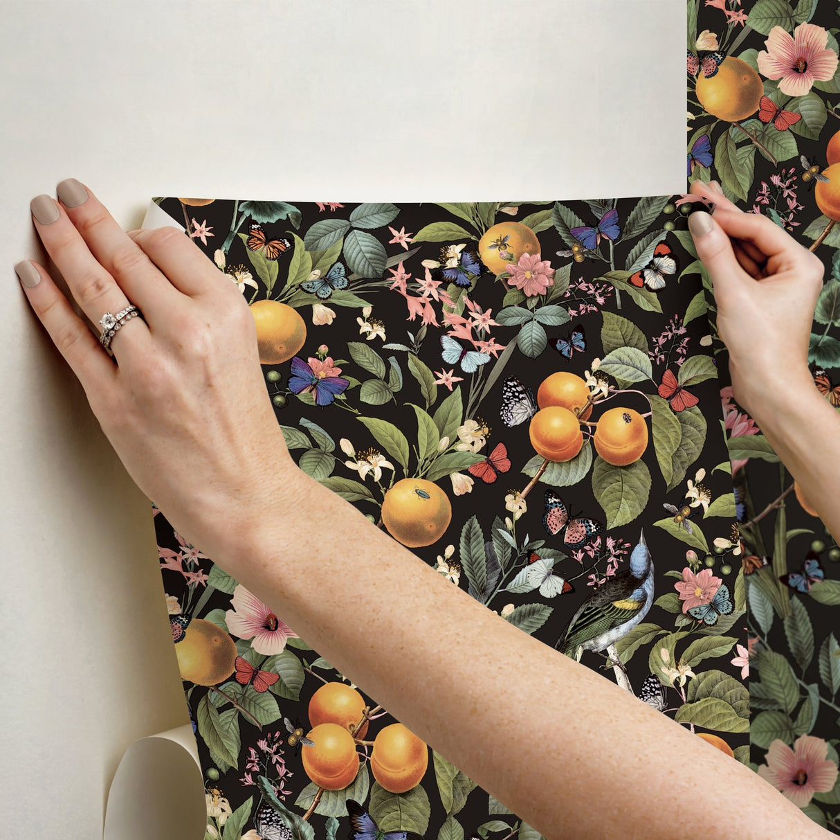 Citrus Green Peel & Stick Wallpaper with Fruit Floral and Butterflies Pattern, Farmhouse Style - York RMK12278PL