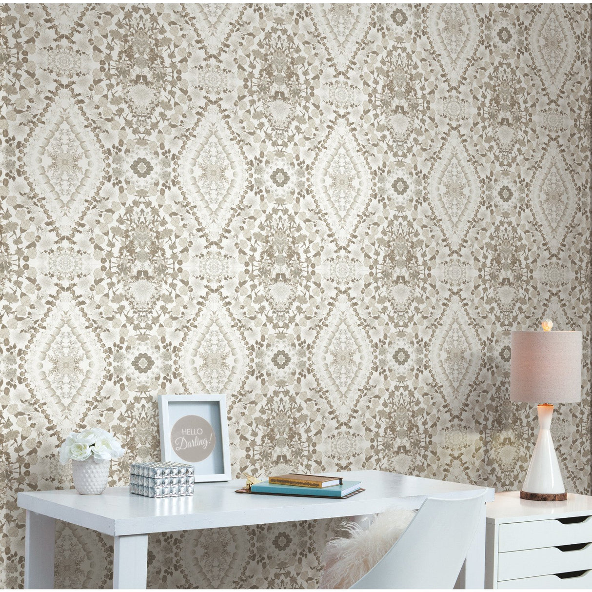 Dried Flower Kaleidoscope Taupe Peel & Stick Wallpaper with Botanical Novelty Pattern - York RMK12321RL