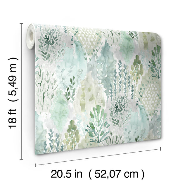 Watercolor Tree Mosaic Green Peel & Stick Wallpaper with Whimsical Ikat Abstract Pattern - York RMK12329PLW