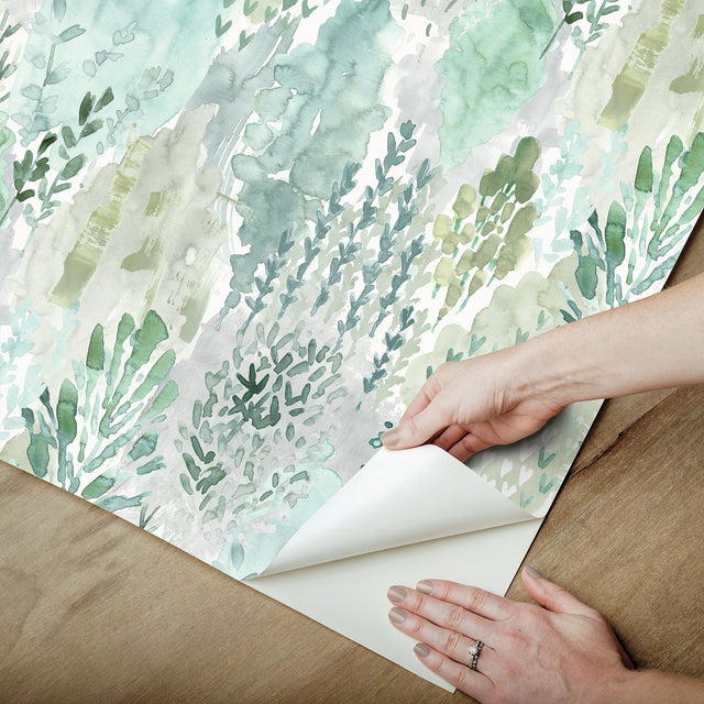 Watercolor Tree Mosaic Green Peel & Stick Wallpaper with Whimsical Ikat Abstract Pattern - York RMK12329PLW