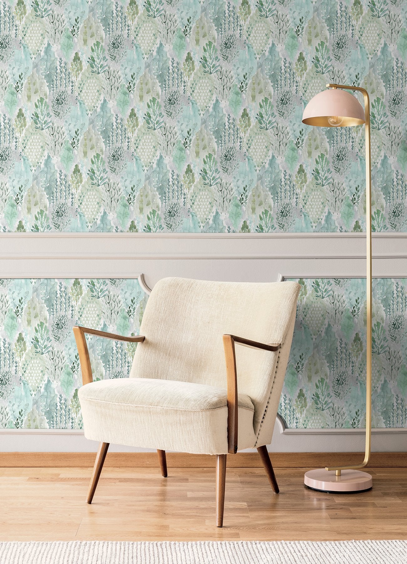 Watercolor Tree Mosaic Green Peel & Stick Wallpaper with Whimsical Ikat Abstract Pattern - York RMK12329PLW