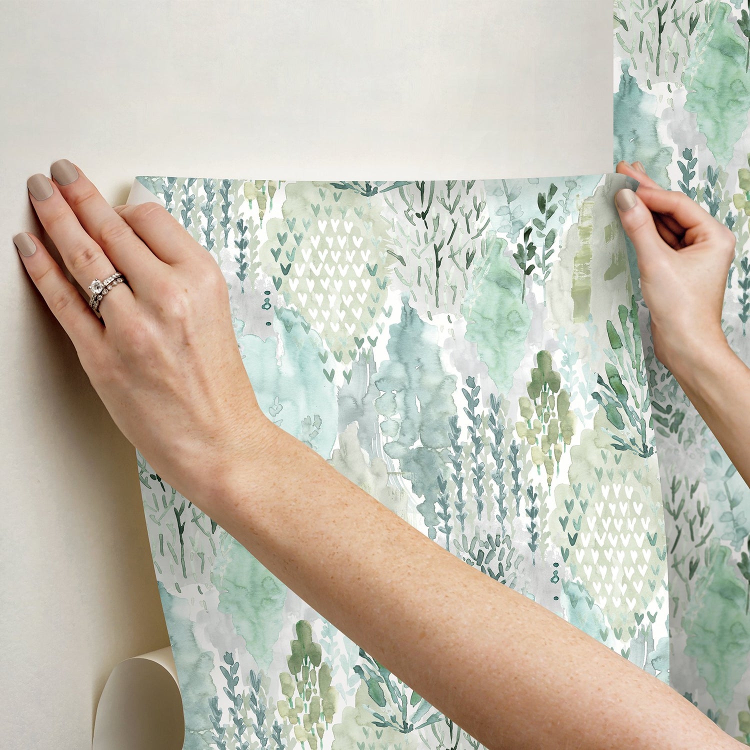 Watercolor Tree Mosaic Green Peel & Stick Wallpaper with Whimsical Ikat Abstract Pattern - York RMK12329PLW