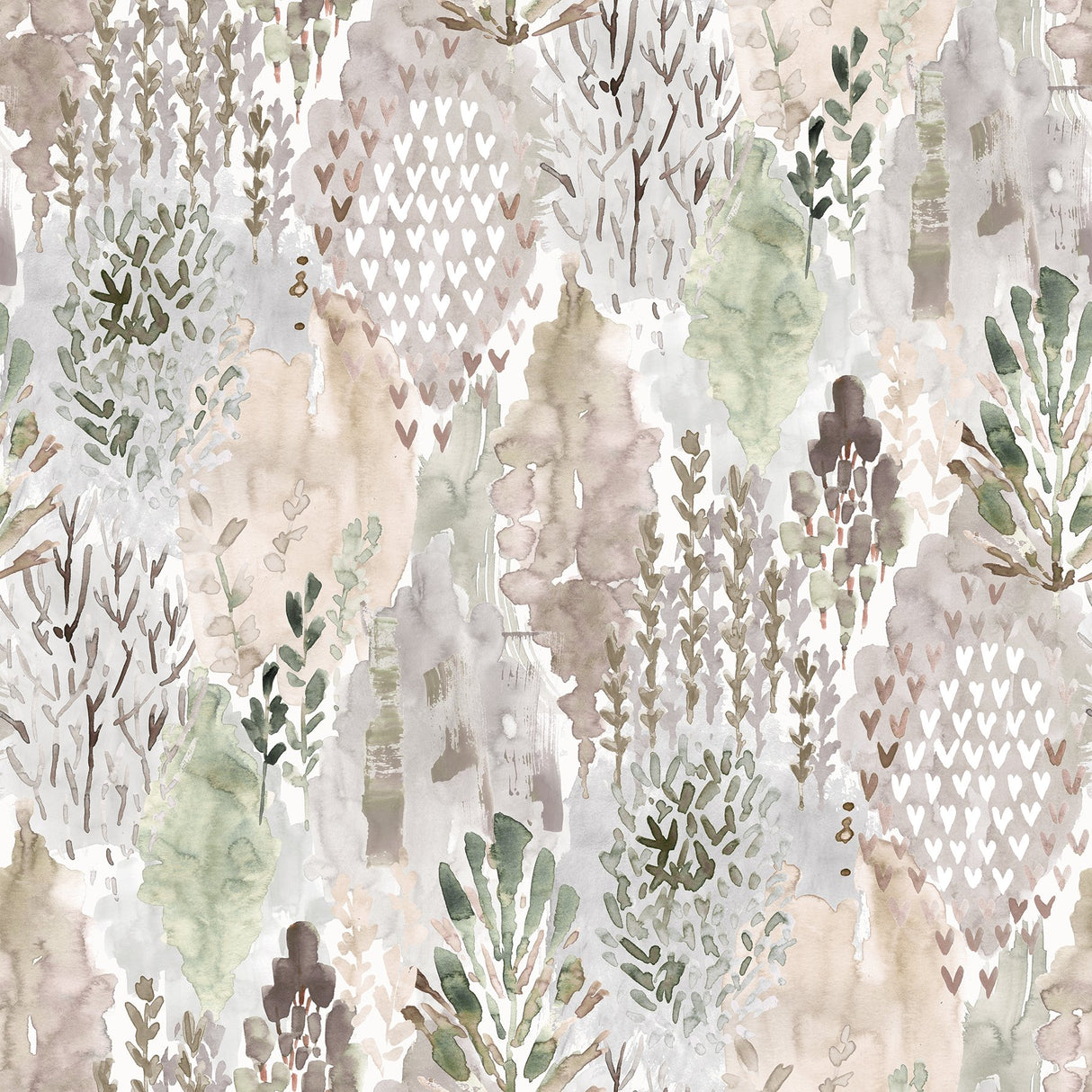 Watercolor Tree Mosaic Taupe Peel & Stick Wallpaper with Whimsical Botanical Trees Pattern - York RMK12331PLW