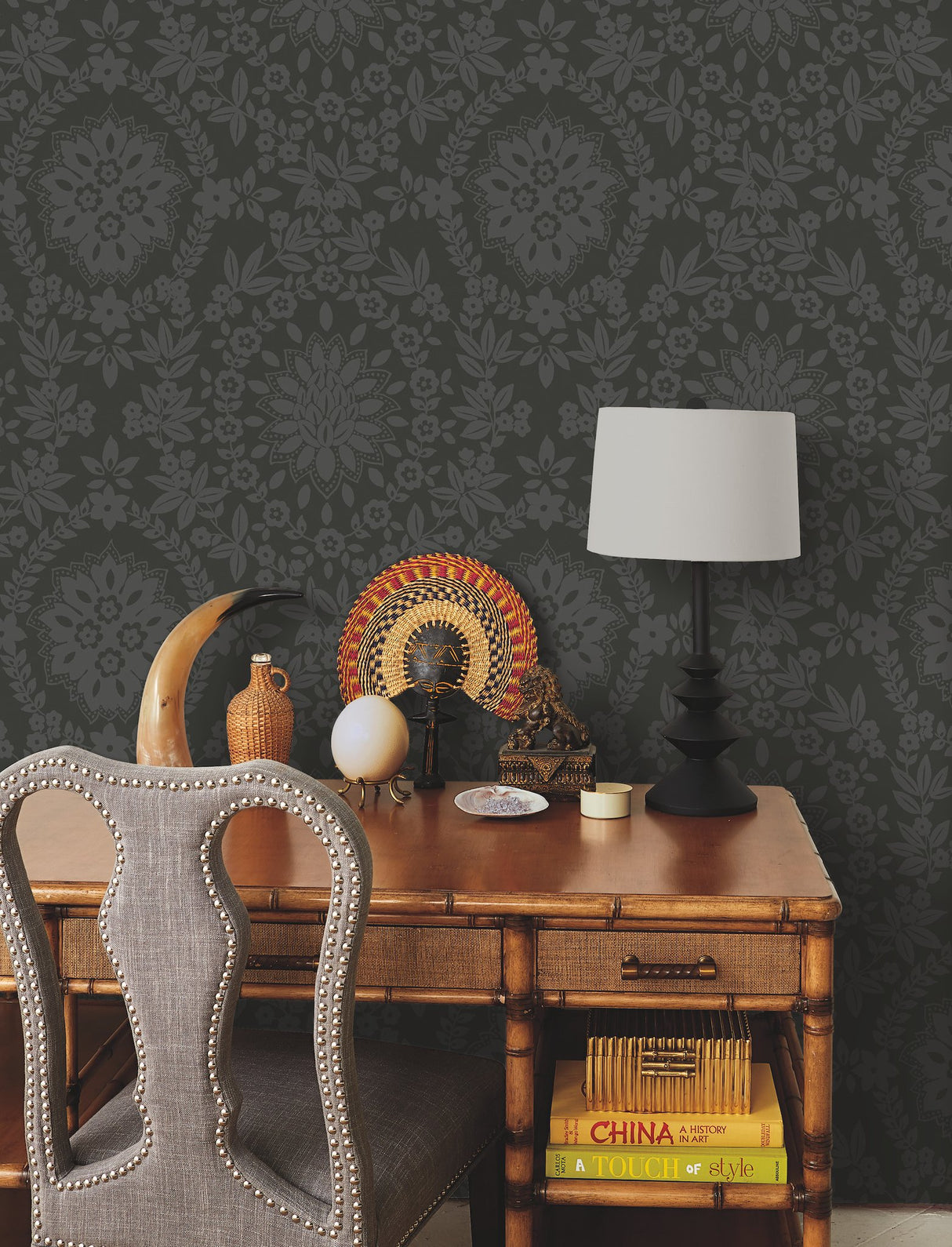 Boho Baroque Damask Grey Peel & Stick Wallpaper with Abstract Damask Pattern - York RMK12334PL