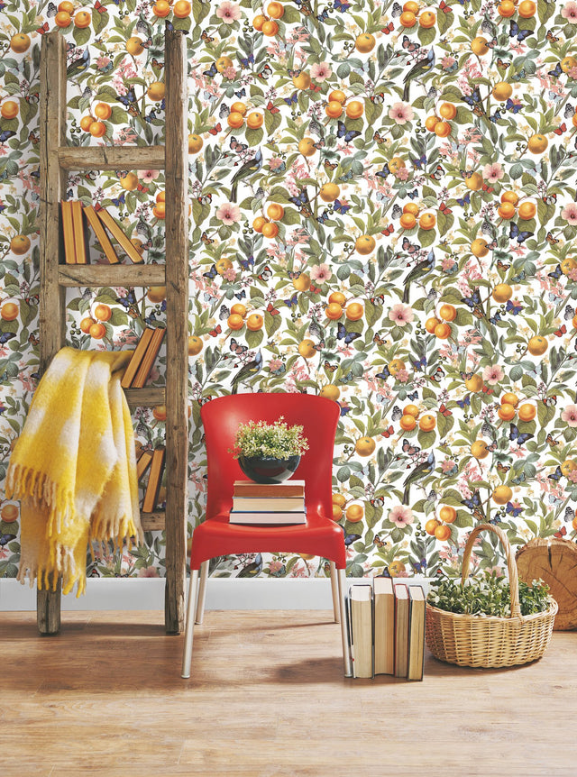 Citrus White Peel & Stick Wallpaper with Fruit and Botanical Motif - York RMK12345PL