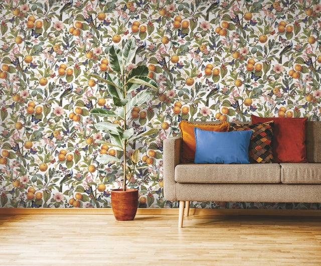 Citrus White Peel & Stick Wallpaper with Fruit and Botanical Motif - York RMK12345PL