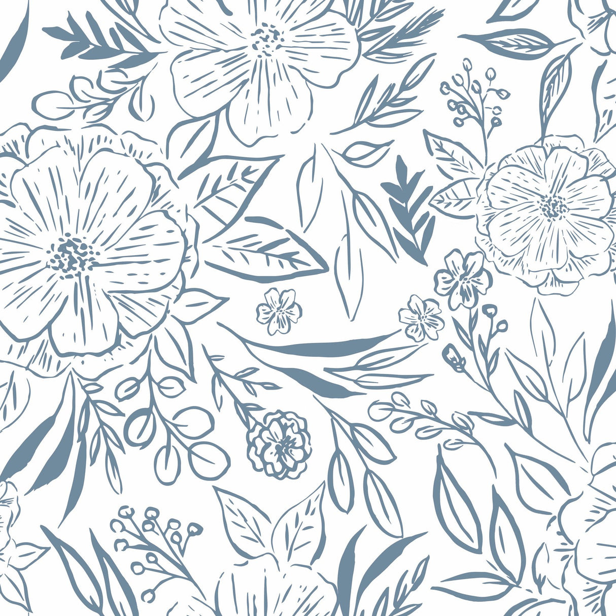 Floral Sketch Blue Peel & Stick Wallpaper with Botanical Floral Sketch Motif - York RMK12361PLW