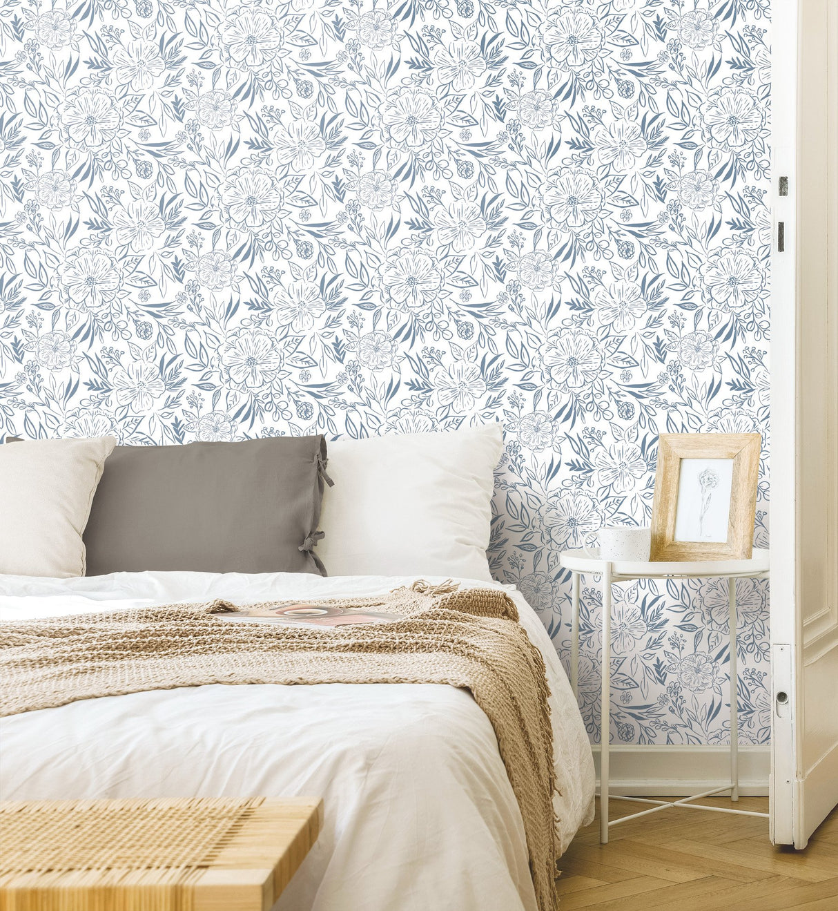 Floral Sketch Blue Peel & Stick Wallpaper with Botanical Floral Sketch Motif - York RMK12361PLW
