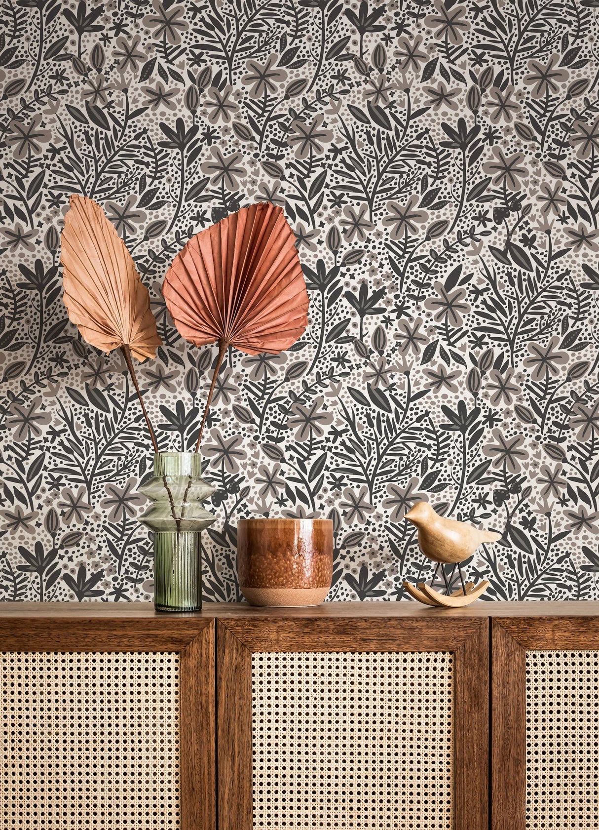 Cat Coquillette Porcelain Garden Grey Peel & Stick Wallpaper with Botanical Floral Motif - York RMK12383PLW