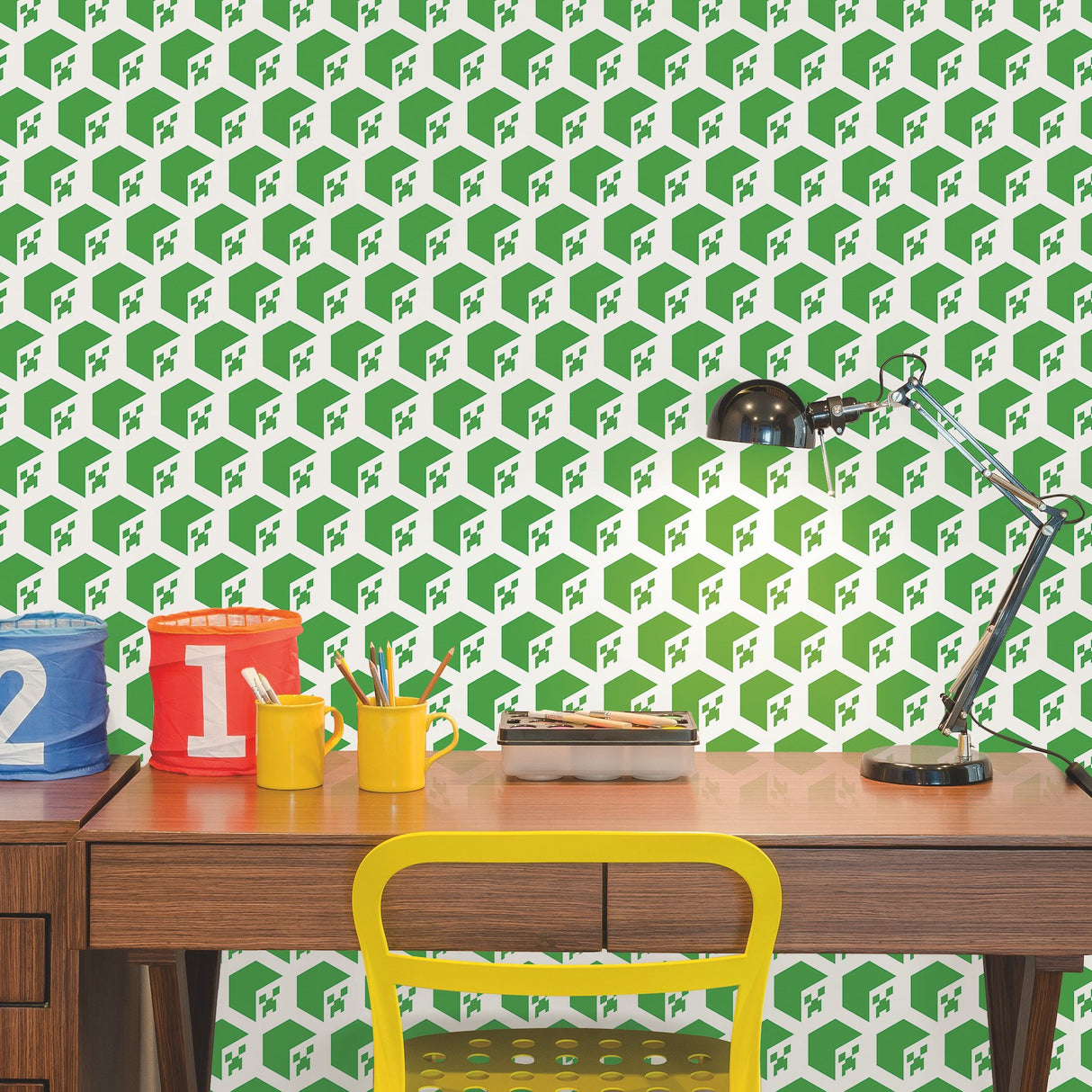 Minecraft Creeper Face Green Peel & Stick Wallpaper with Geometric Creeper Motif - York RMK12395RL