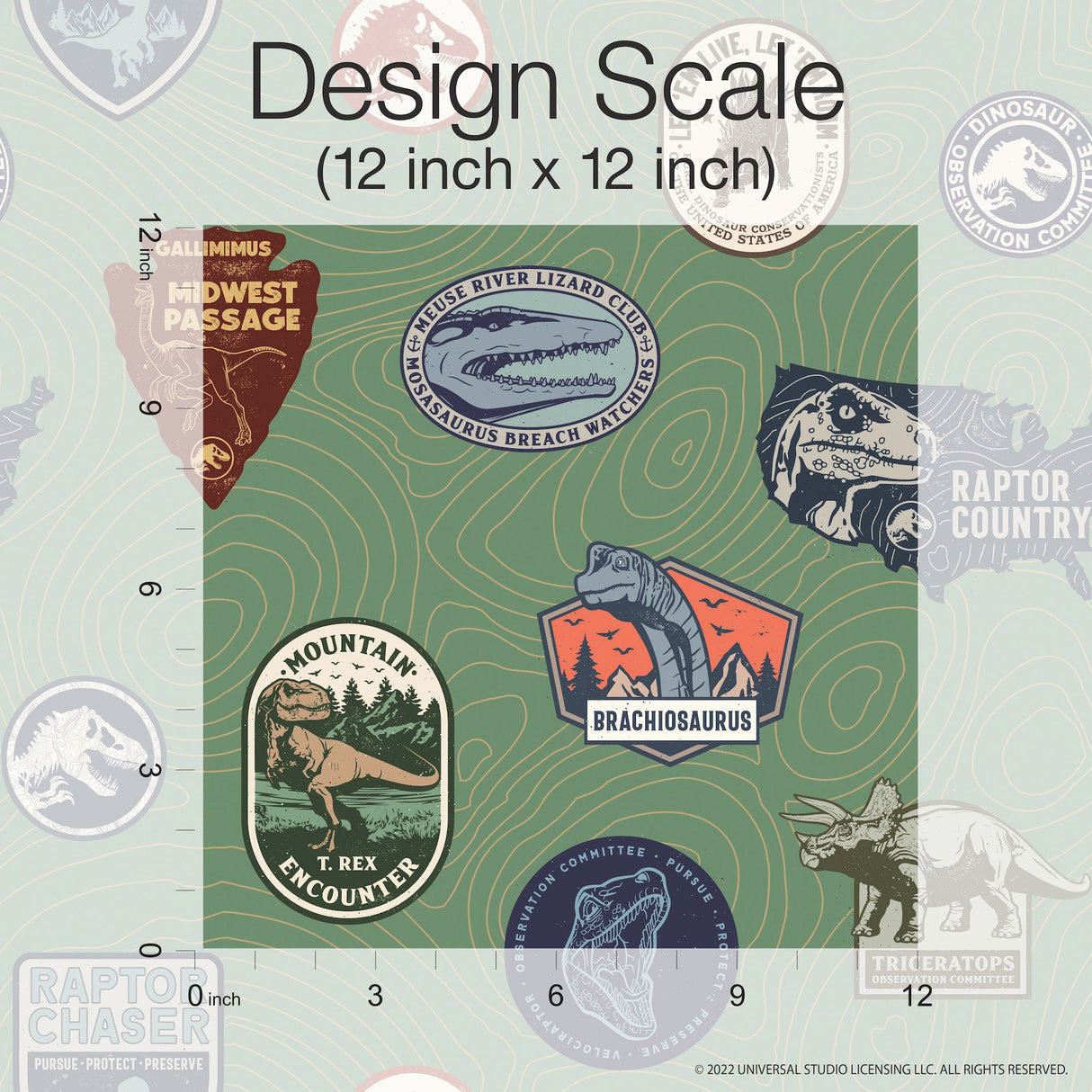 Jurassic World Badges Green Peel & Stick Wallpaper with Retro Dinosaur Patch Motif - York RMK12396RL